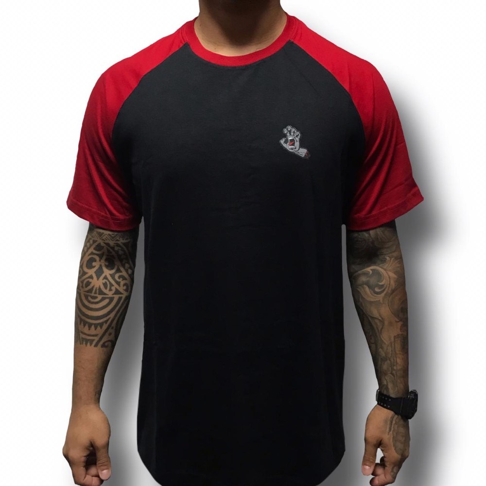 CAMISETA SANTA CRUZ RAGLAN SCREAMING HAND BOTTOM - VERMELHAPRETA